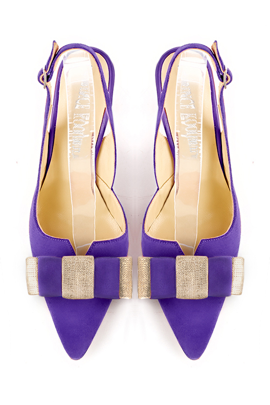 Violet purple and gold women's open back shoes, with a knot. Tapered toe. Very high spool heels. Top view - Florence KOOIJMAN